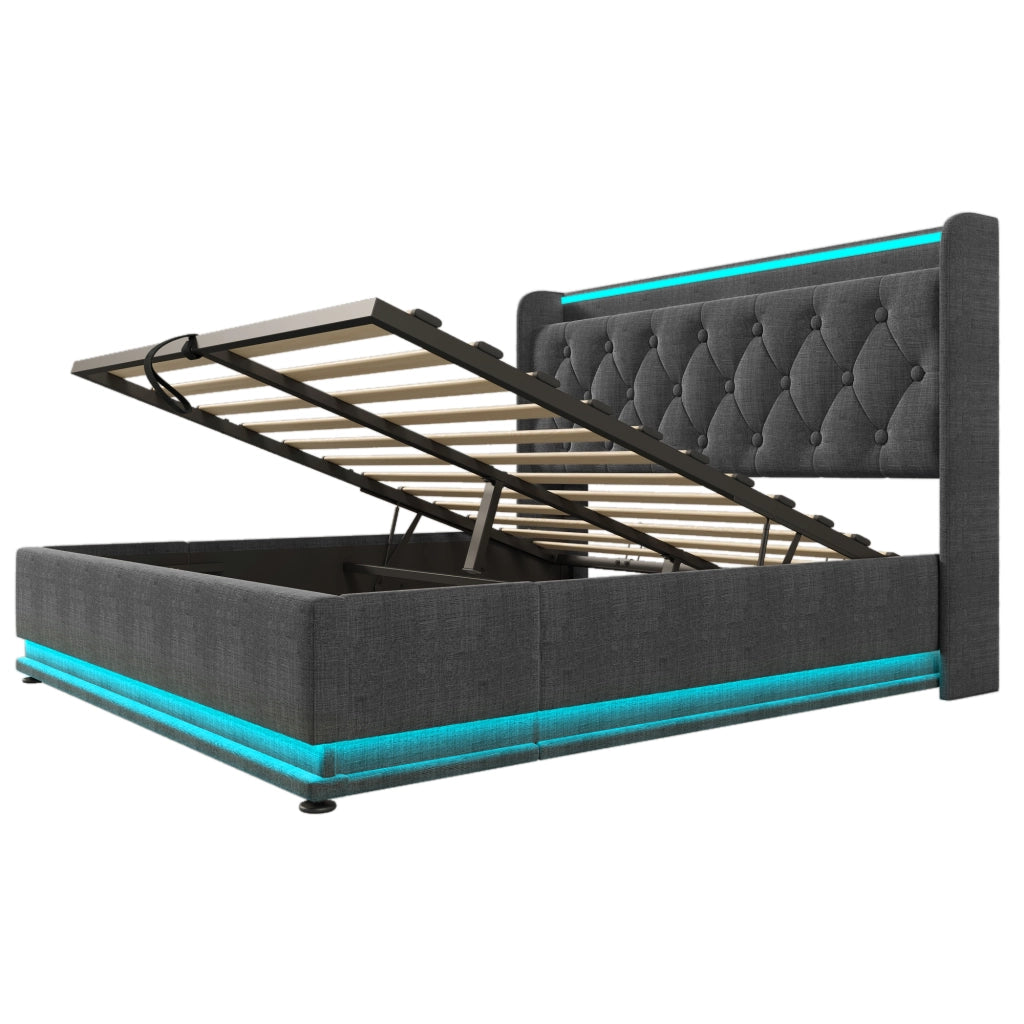 Letto imbottito contenitore 140x190 cm grigio con LED 360°, USB e Type-C, senza materasso