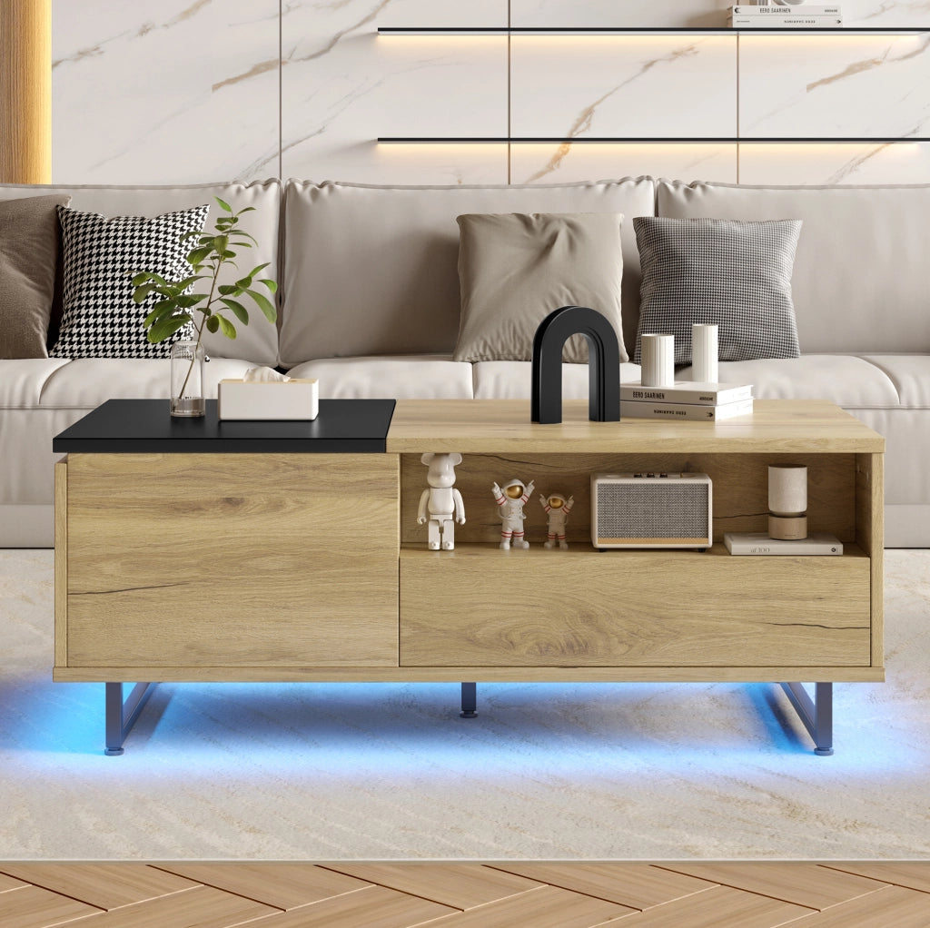 Tavolino da caffè lift-top con LED; vano contenitore e struttura in metallo; naturale