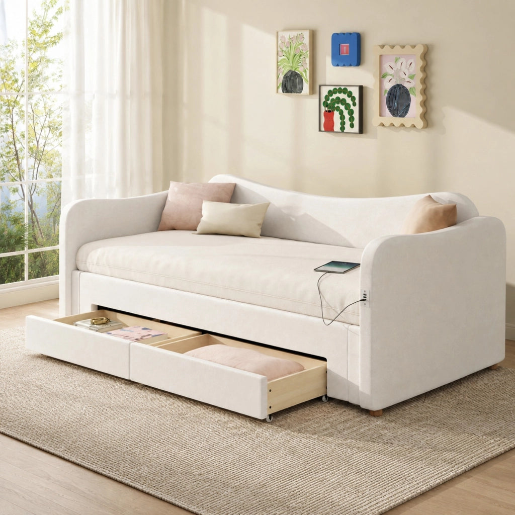 LETTO estraibile 90x200 cm fino a 180x200 cm con cassetti Velluto Beige USB