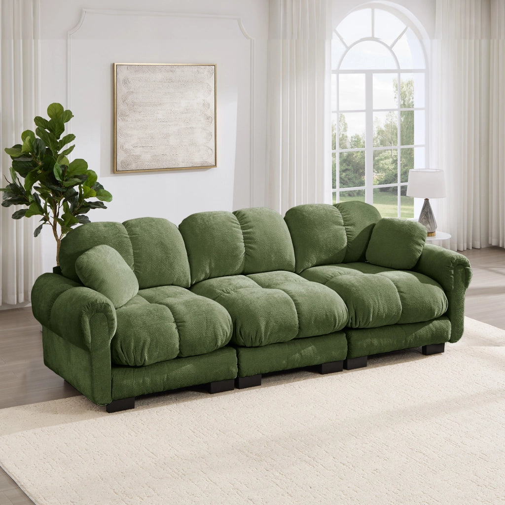 Divano modulare 3 posti 260x86x90 cm in chenille verde con cuscini trapuntati
