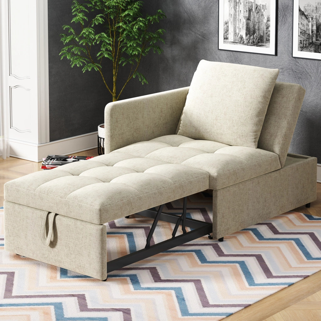 Divano Letto 3 In 1 con Schienale Regolabile 5 Posizioni e Cuscino Salvaspazio Imbottito Beige