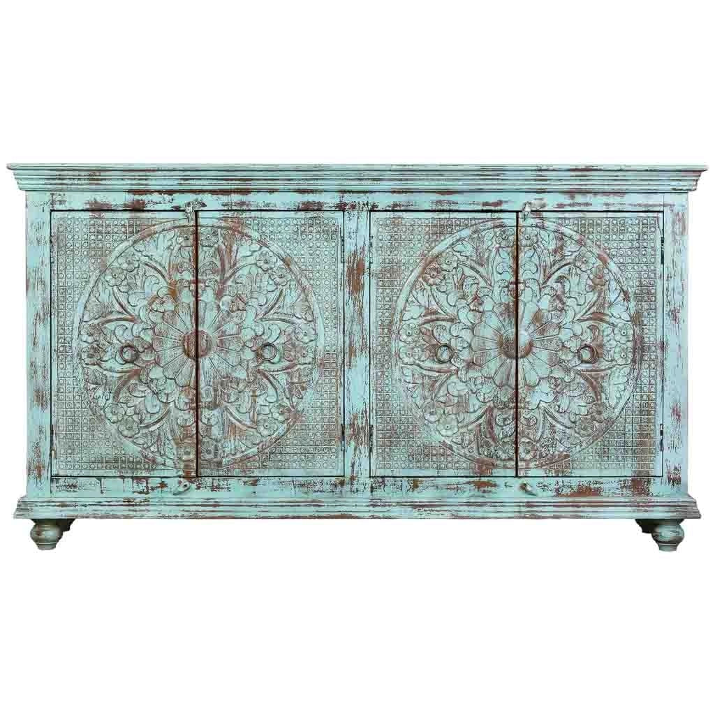 Credenza a 4 ante in legno con finitura verde anticato, cm 180x42x101h