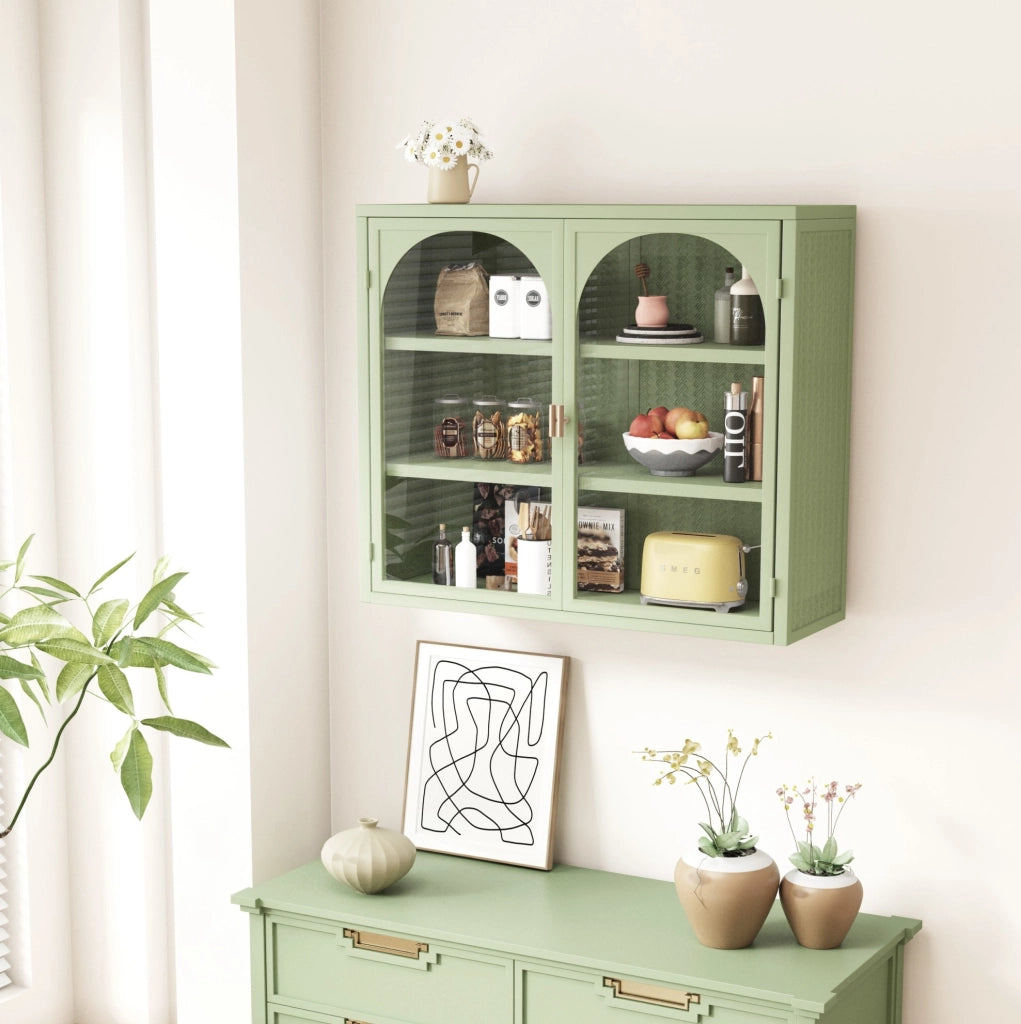 Mobiletto da Parete Moderno Verde con Due Ante in Vetro e Tre Ripiani, 70 cm
