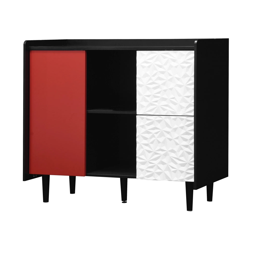 Credenza Buffet con Ante Nere e Rosse ¨C Xylo ¨C 2 Cassetti, Ripiani Aperti, Legno