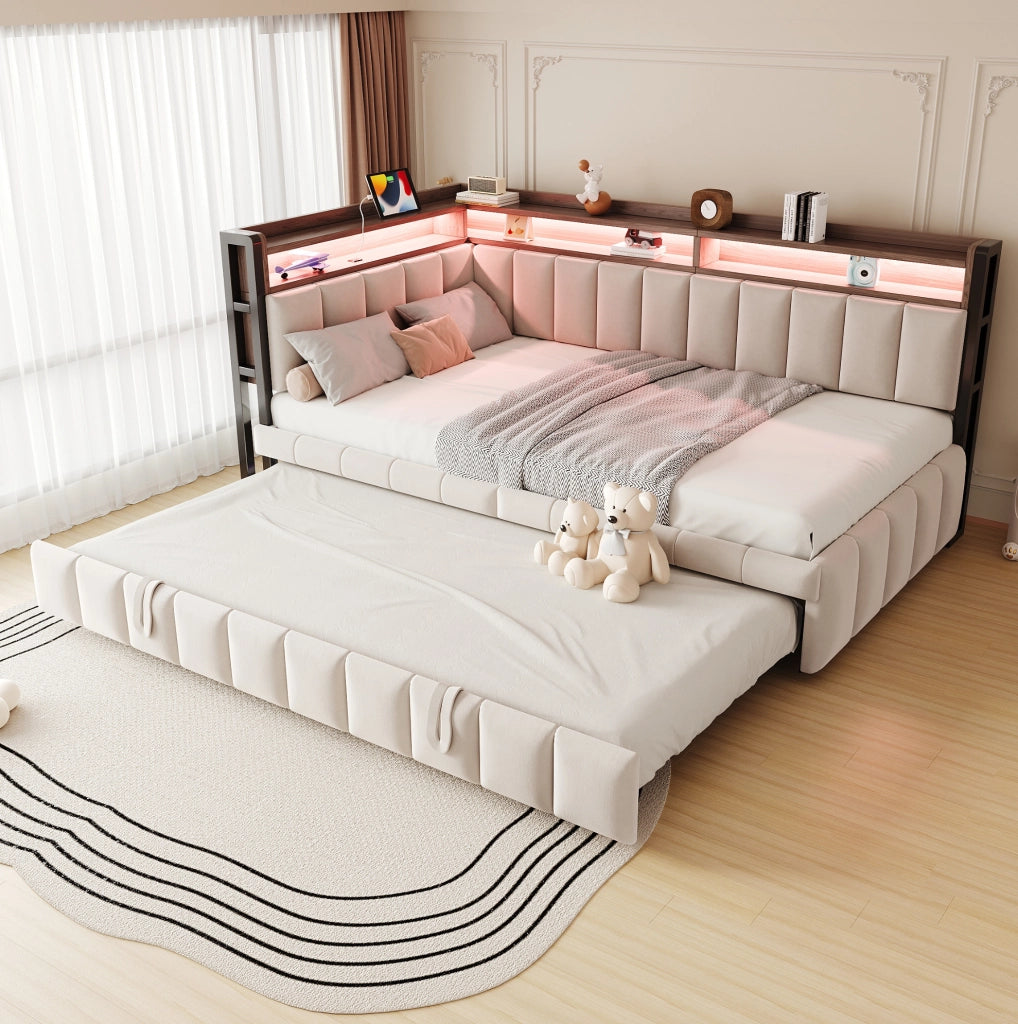 Divano letto estraibile 90x200 cm con LED; USB e USB-C in velluto beige