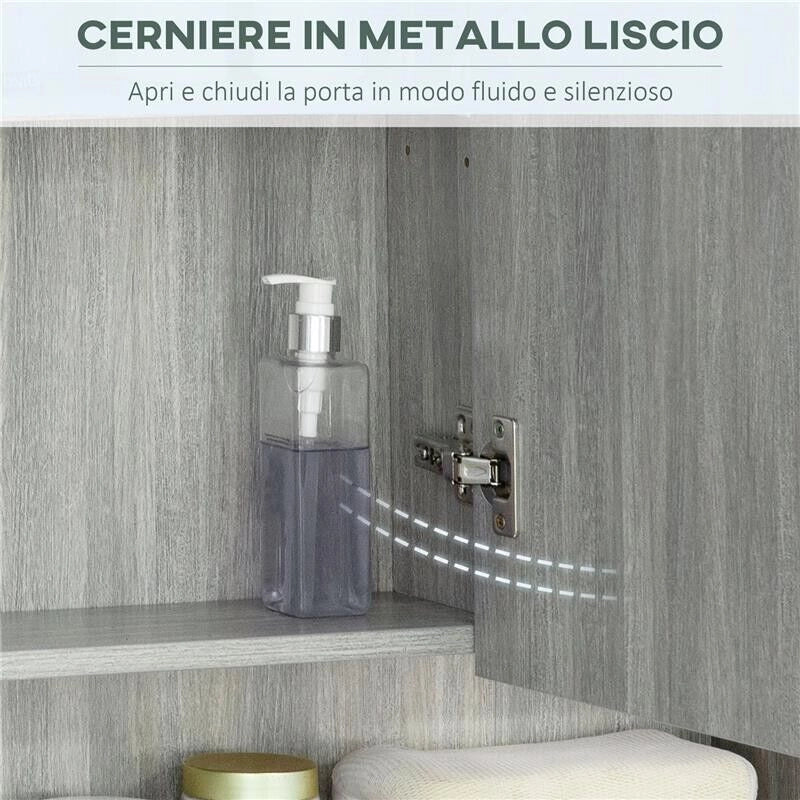ARMADIETTO CON SPECCHIO A 4 SEZIONI CON RIPIANI REGOLABILI, IN LEGNO E VETRO, 90X15X75 CM, GRIGIO