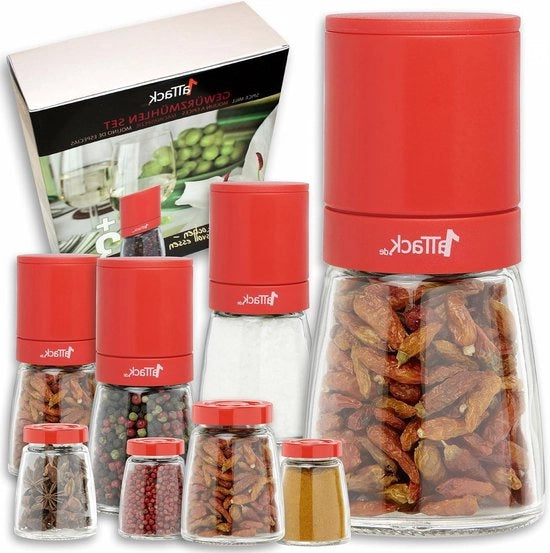 Set di macinatura sale e pepe da 4 con lavorazione ceramica regolabile - 8 parti, rosso