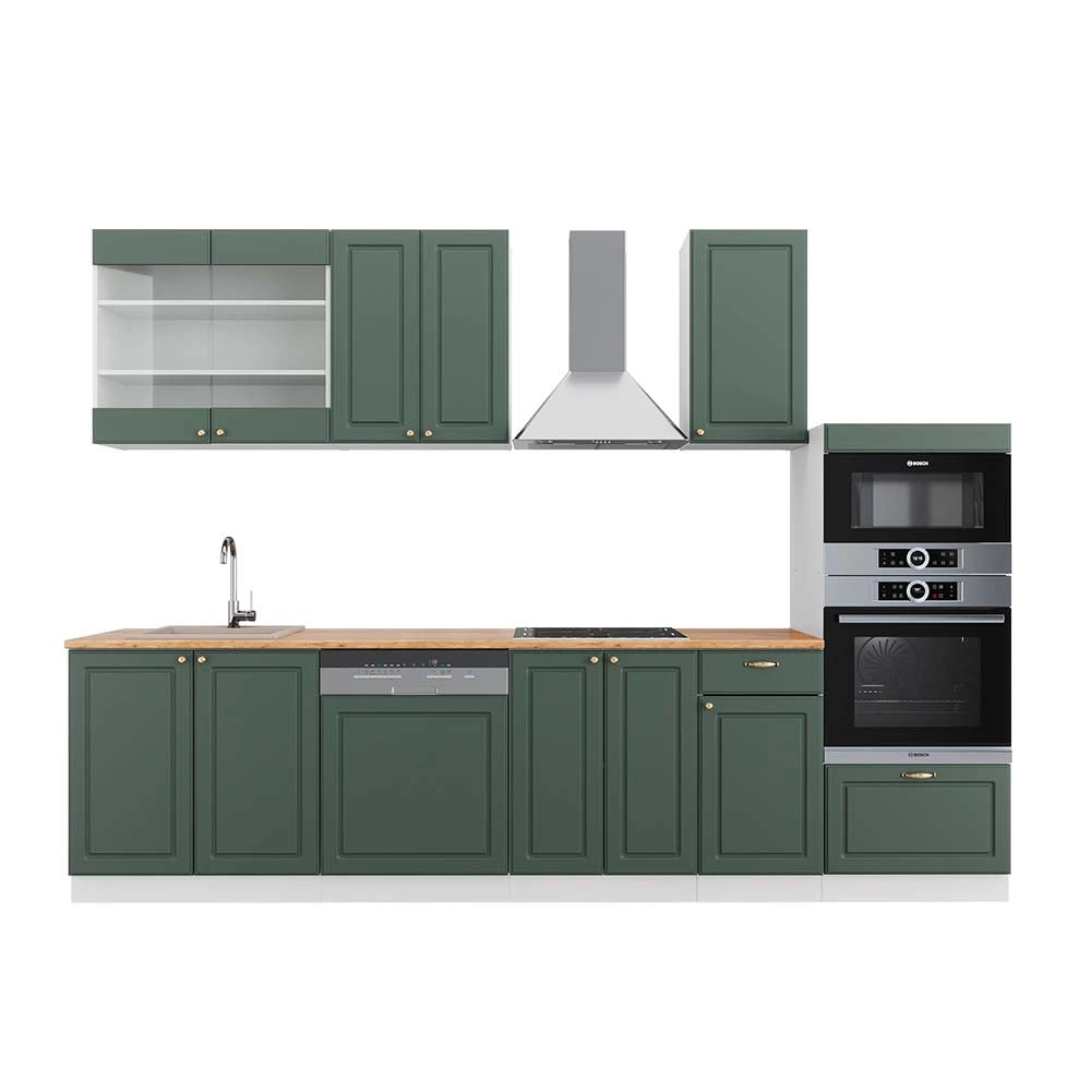 Cucina componibile Fame-Line Verde-oro rustico/Bianco 300 cm con armadio alto, PL Rovere Vicco