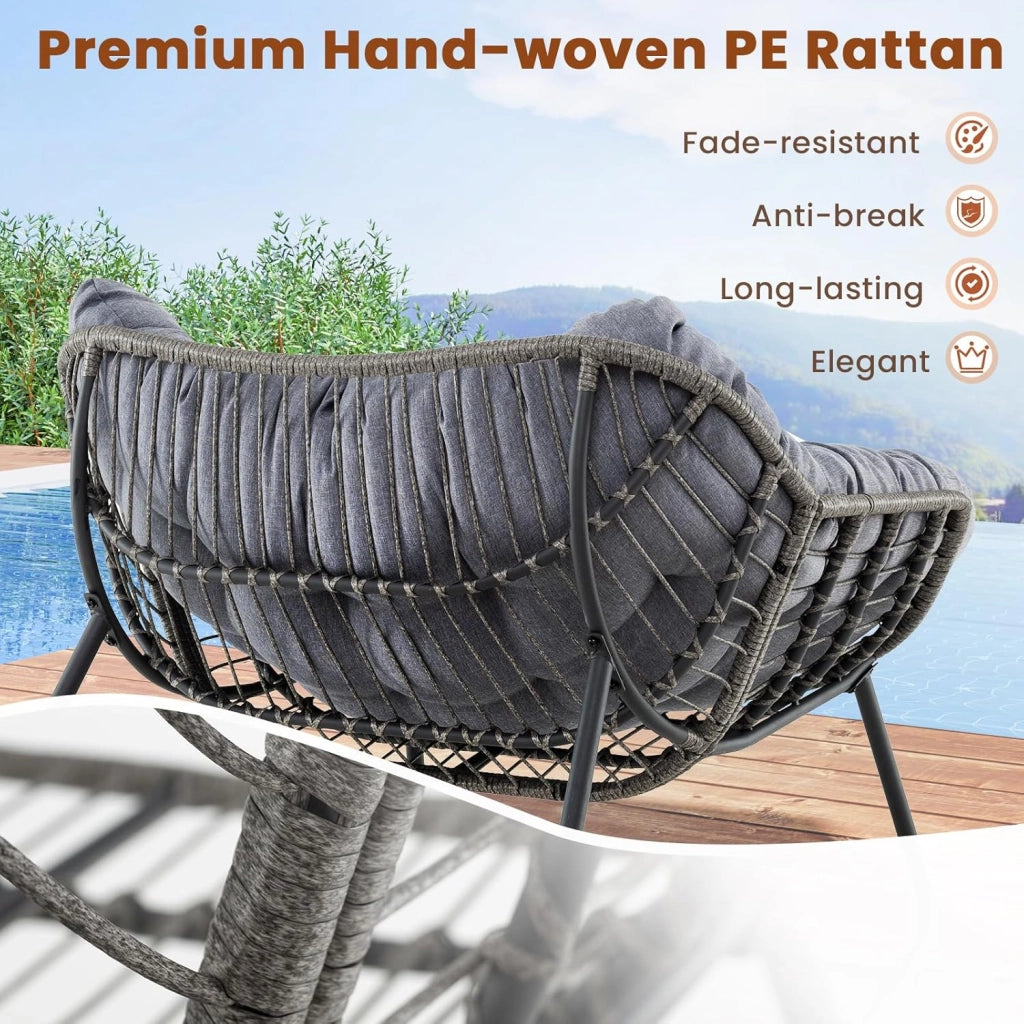 Sedia a Dondolo con Cuscino, Sedia da Relax Ampia e Avvolgente, con Struttura in Metallo, Seduta in Rattan, Cuscino Morbido Imbottito, per Soggiorno, Studio, Balcone, Nero (Grigio)