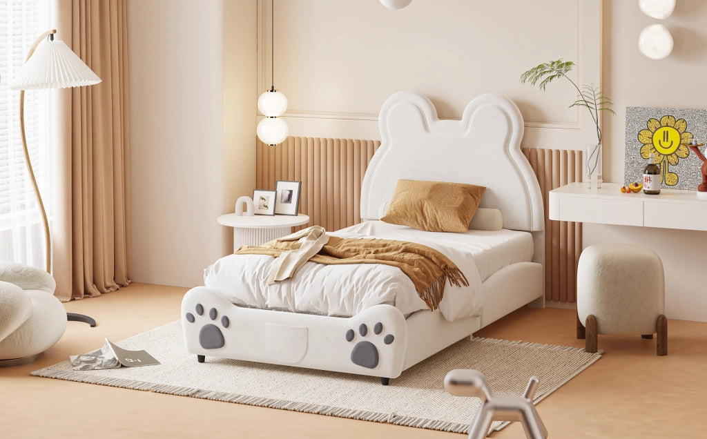 Letto per bambini imbottito a forma di orso, 90 x 200 cm, velluto bianco