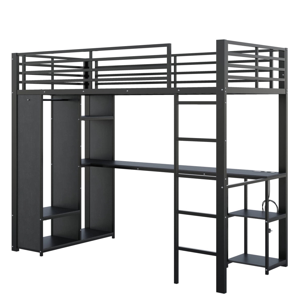 Letto a soppalco 90x200 cm in metallo e MDF nero con scrivania; LED e scaffali