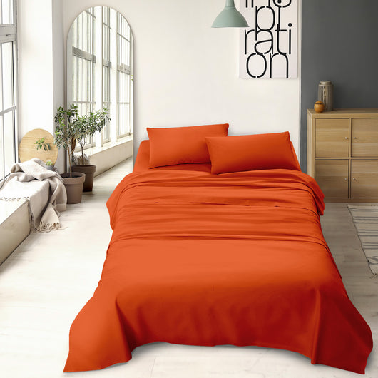 Completo letto matrimoniale a tinta unita set lenzuola Prodotto italiano 100% Cotone - Arancio - Matrimoniale