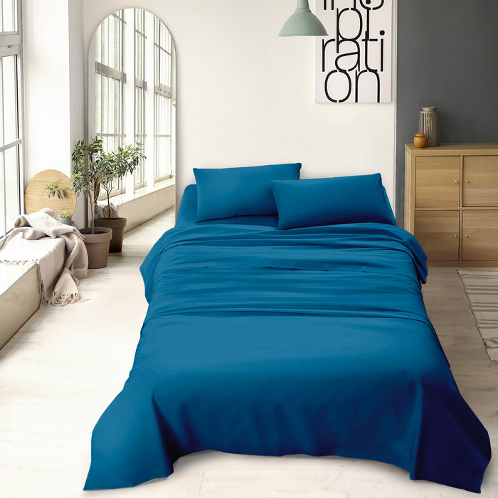 Completo letto matrimoniale a tinta unita set lenzuola Prodotto italiano 100% Cotone - Blu - Matrimoniale
