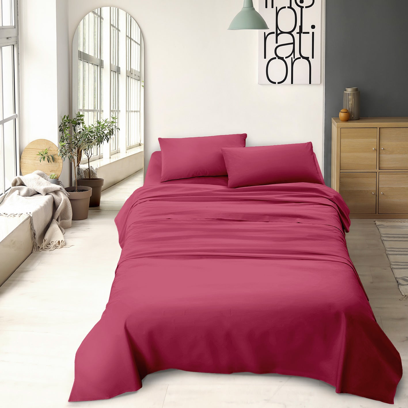 Completo letto matrimoniale a tinta unita set lenzuola Prodotto italiano 100% Cotone - Fragola - Matrimoniale