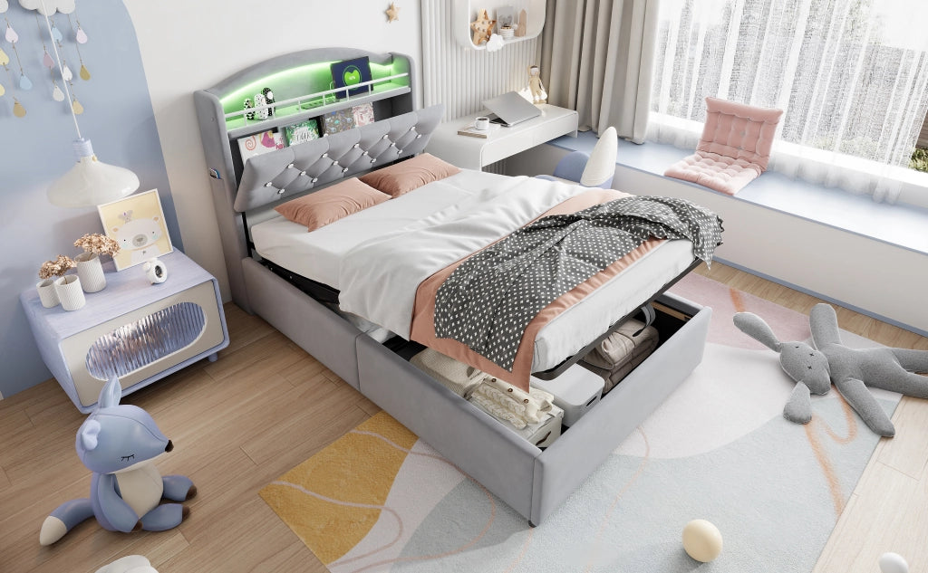 Letto imbottito per bambini con contenitore a gas; LED; 3 porte USB e Tipo-C; velluto grigio; 90x200 cm; senza materasso