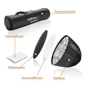 Studio Line Deep Rota Softbox QA70, Octabox per luce, 70cm di Ø, 56cm di profondità, pieghevole, con griglia, diffusore interno ed esterno, speedring, per sistema flash da studio a clip