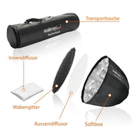 Studio Line Deep Rota Softbox QA70, Octabox per luce, 70cm di Ø, 56cm di profondità, pieghevole, con griglia, diffusore interno ed esterno, speedring, per sistema flash da studio a clip