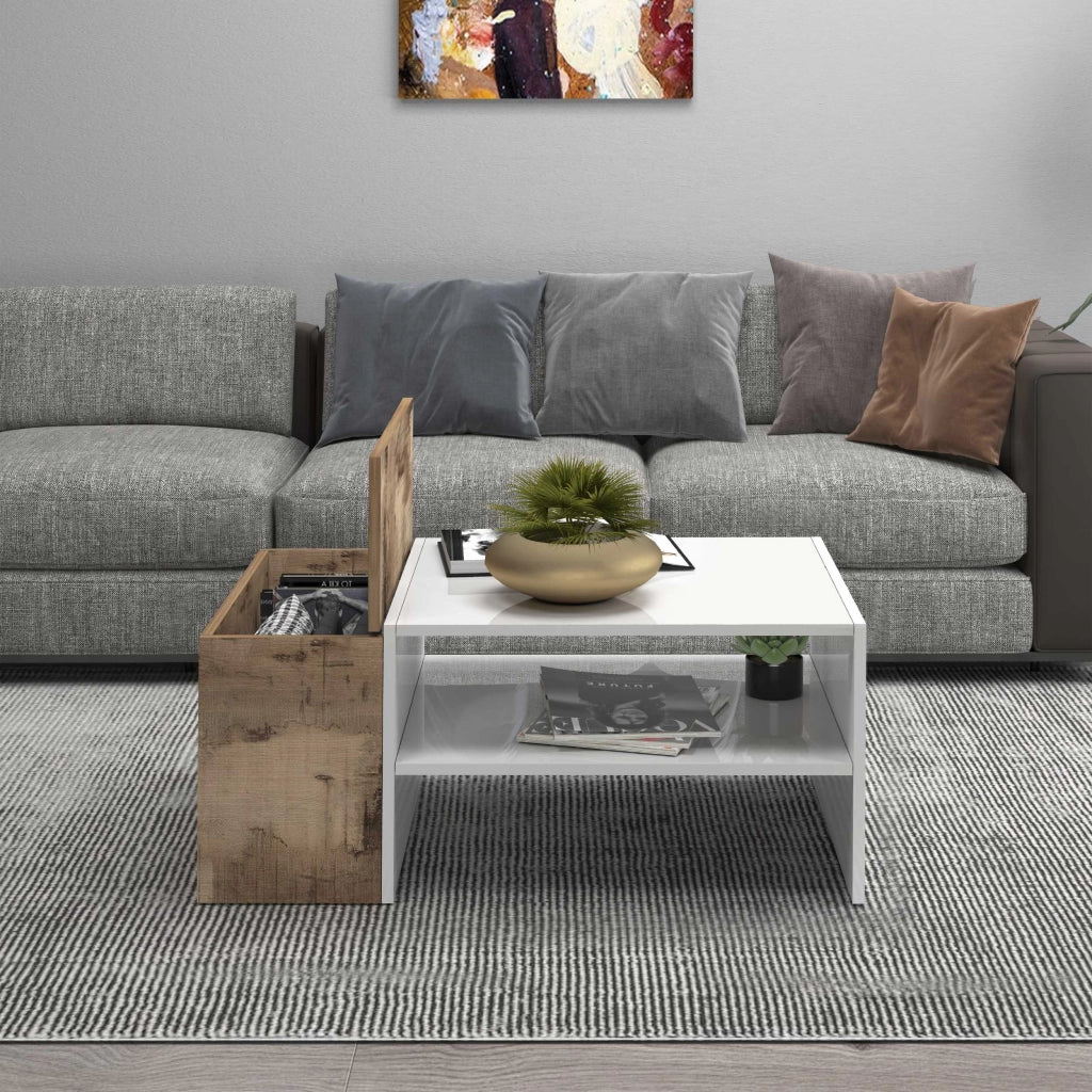 WHOUS Tavolino da caffè Corona con 1 vano contenitivo bianco e acero pereira 90x60x40 cm