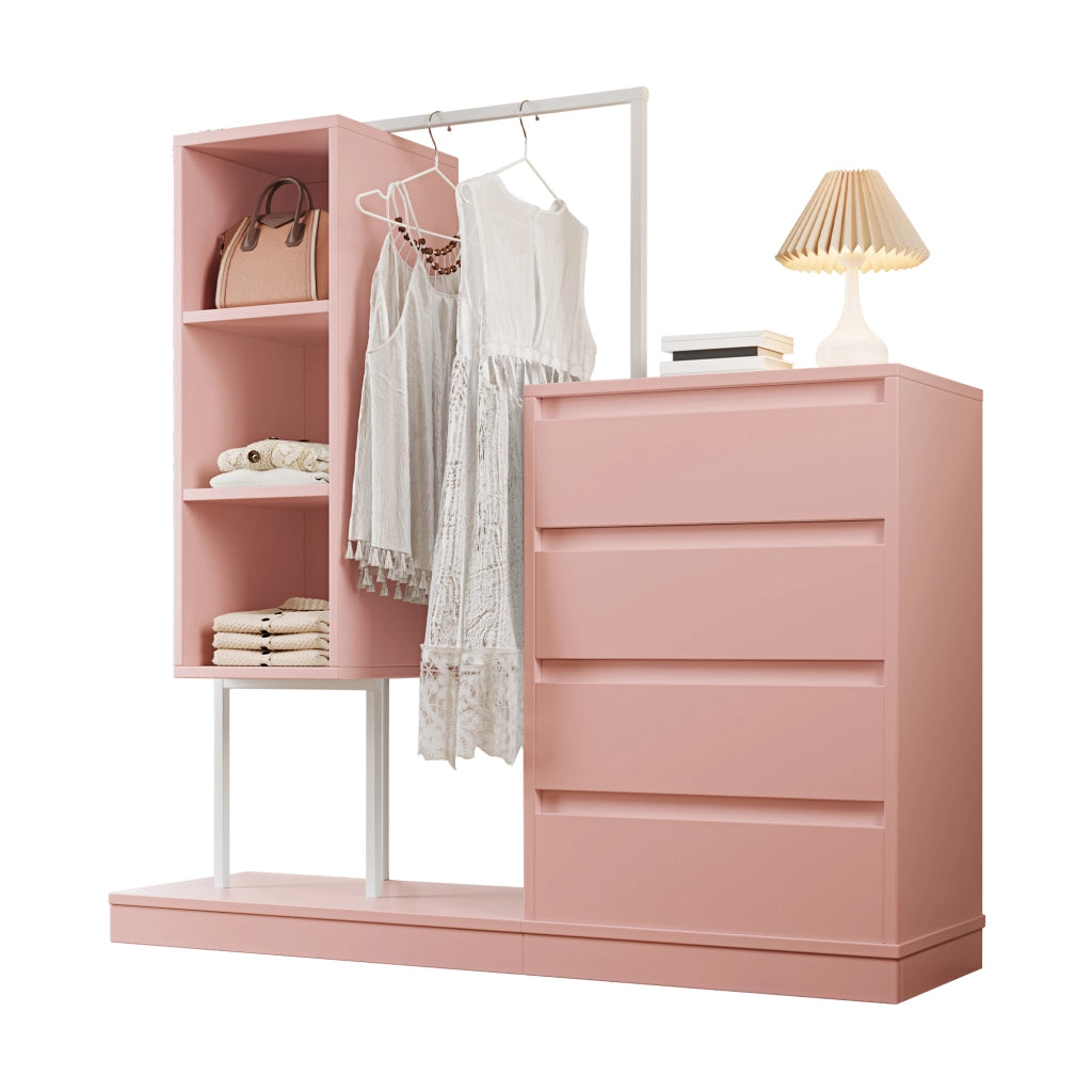 Armadio con 4 cassetti e 3 vani aperti, per ingresso, soggiorno e camera, in truciolare e metallo, rosa, 140 × 40 × 135 cm