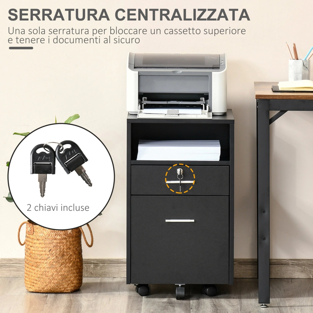 Cassettiera Portadocumenti a 4 Ruote 39x40x65 cm Cassettiera con Serratura in Truciolato Nero