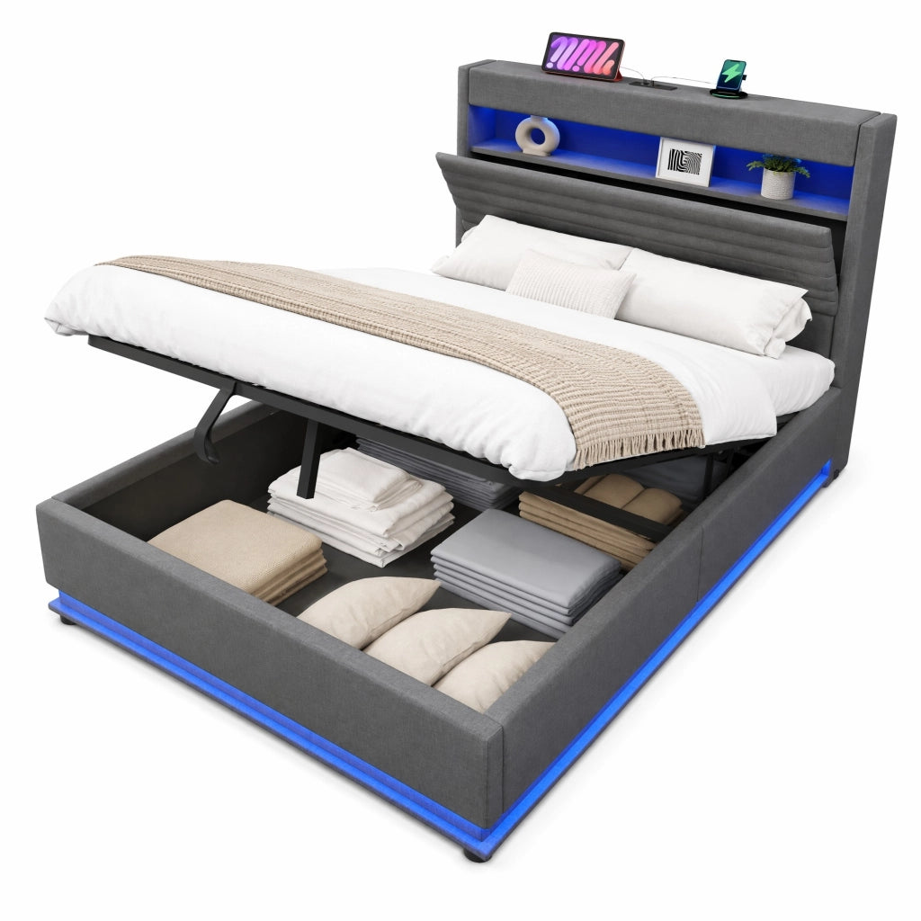 Letto matrimoniale contenitore 140x200 cm in lino grigio con LED; USB e USB-C