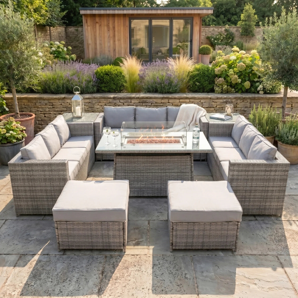 Set Giardino Rattan 11 Posti Grigio Divani Sgabelli Tavolo Firepit