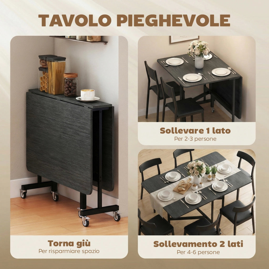 Tavolo Pieghevole per 4-6 Persone 120x80x73 cm con 2 Ribalte e Ruote con Freno Struttura in Acciaio Nero Effetto Legno