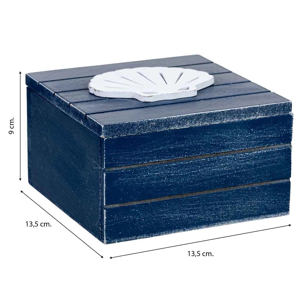 Scatola decorativa in legno con conchiglia blu, 13,5 x 13,5 x 9 cm