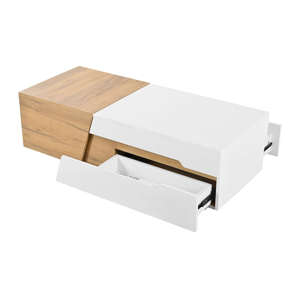 Tavolino da salotto con 2 Cassetti e Vani scorrevoli; per Soggiorno; in MDF; 120 × 50 × 37.5 cm; Bianco e Naturale