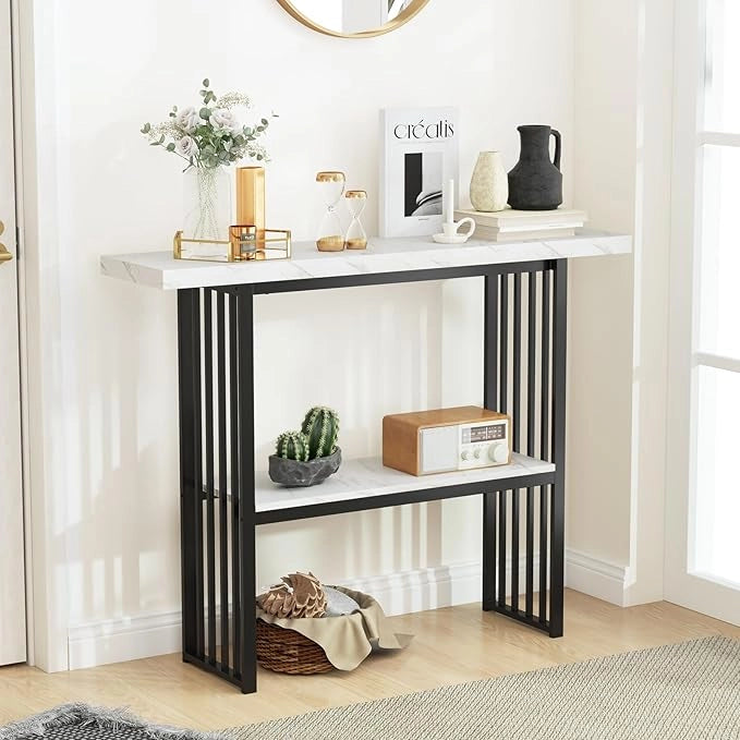 Tavolo da Ingresso Stretto e Compatto, Tavolo da Divano in Finto Marmo con Struttura in Acciaio, Consolle Moderno per Salotto e Corridoio, 120 x 29,5 x 92,5 cm (Nero e Bianco)