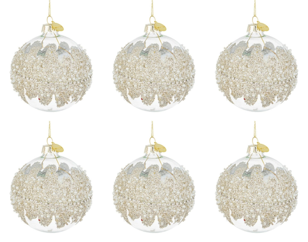 Palle di Natale in Vetro Trasparente Argento con Perle Addobbi Natalizi Albero