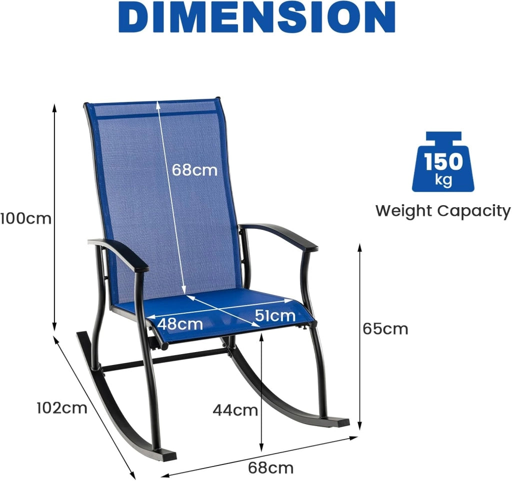 Set di 2 poltrone a dondolo in tessuto a rete, sedia a dondolo da esterno, design ergonomico, Rocking-Chair, carico 150 kg, per terrazza, patio, giardino, 102 x 68 x 100 cm, colore: blu