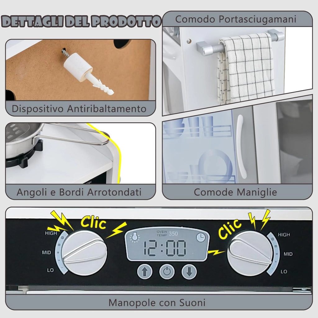 Cucina Giocattolo per Bambini, Cucina Legno per Bambini con Lavagna, Telefono, Microonde e Macchina per Ghiaccio, con Accessori e Suoni Realistici, per 3-6 Anni (Bianco)