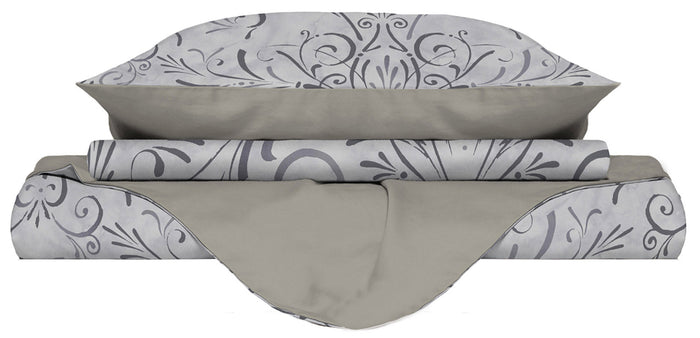 Copripiumino Singolo con Stampa sul Sacco e Federe Doubleface Ornato Grigio