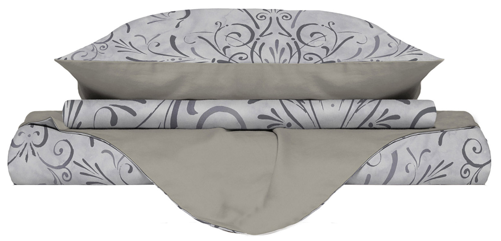 Copripiumino Matrimoniale con Stampa sul Sacco e Federe Doubleface Ornato Grigio