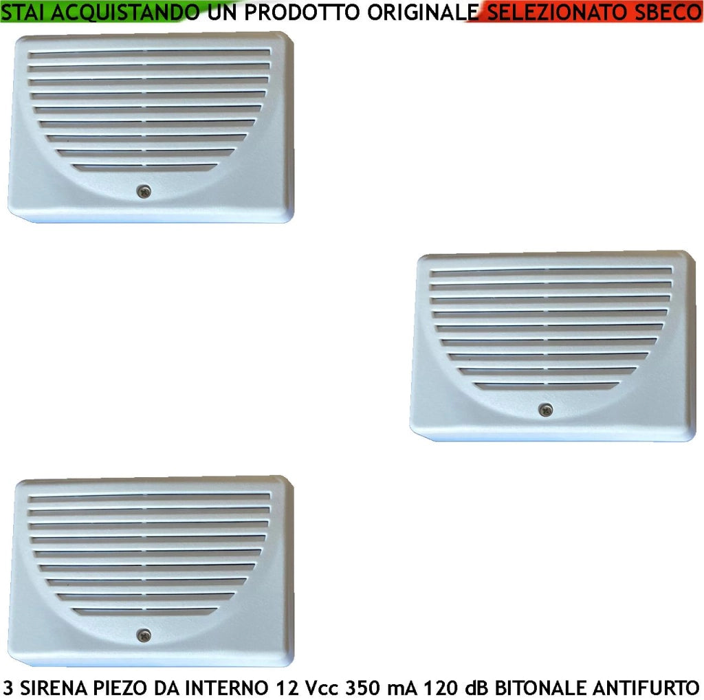 Sirena da Interno a Parete 3 Pezzi Diffusore Piezo Antifurto 120 dB 4 Morsetti Polarizzati Alimentazione 12 Vcc Assorbimento 350 mA Bitonale A/B 1500 +/- 4000 Hz Protezione Tamper Contenitore ABS IP32