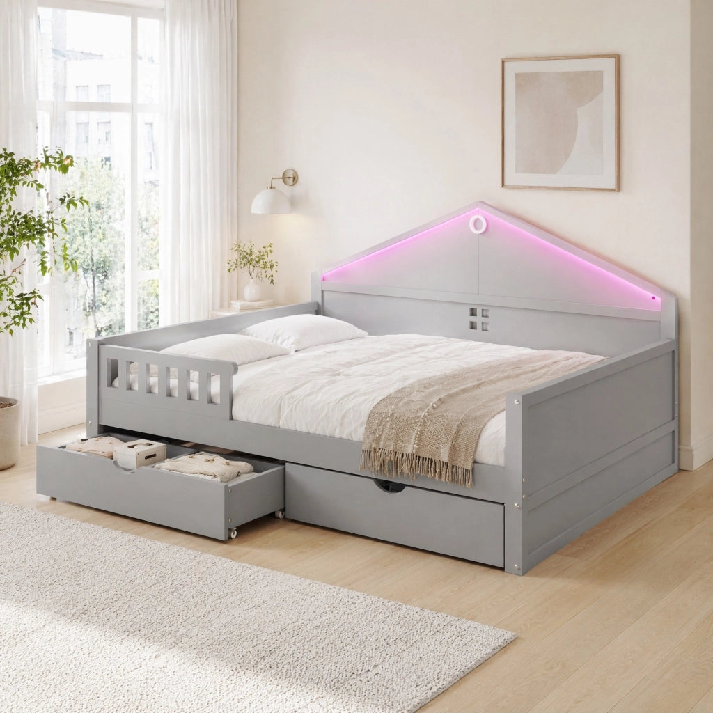 Letto multifunzione 140x200 cm con LED e 2 cassetti; in legno massello e MDF; grigio
