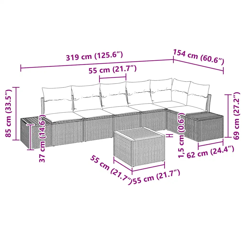 Set Divano da Giardino con cuscino 7 pcs Beige polyrattan 3347967