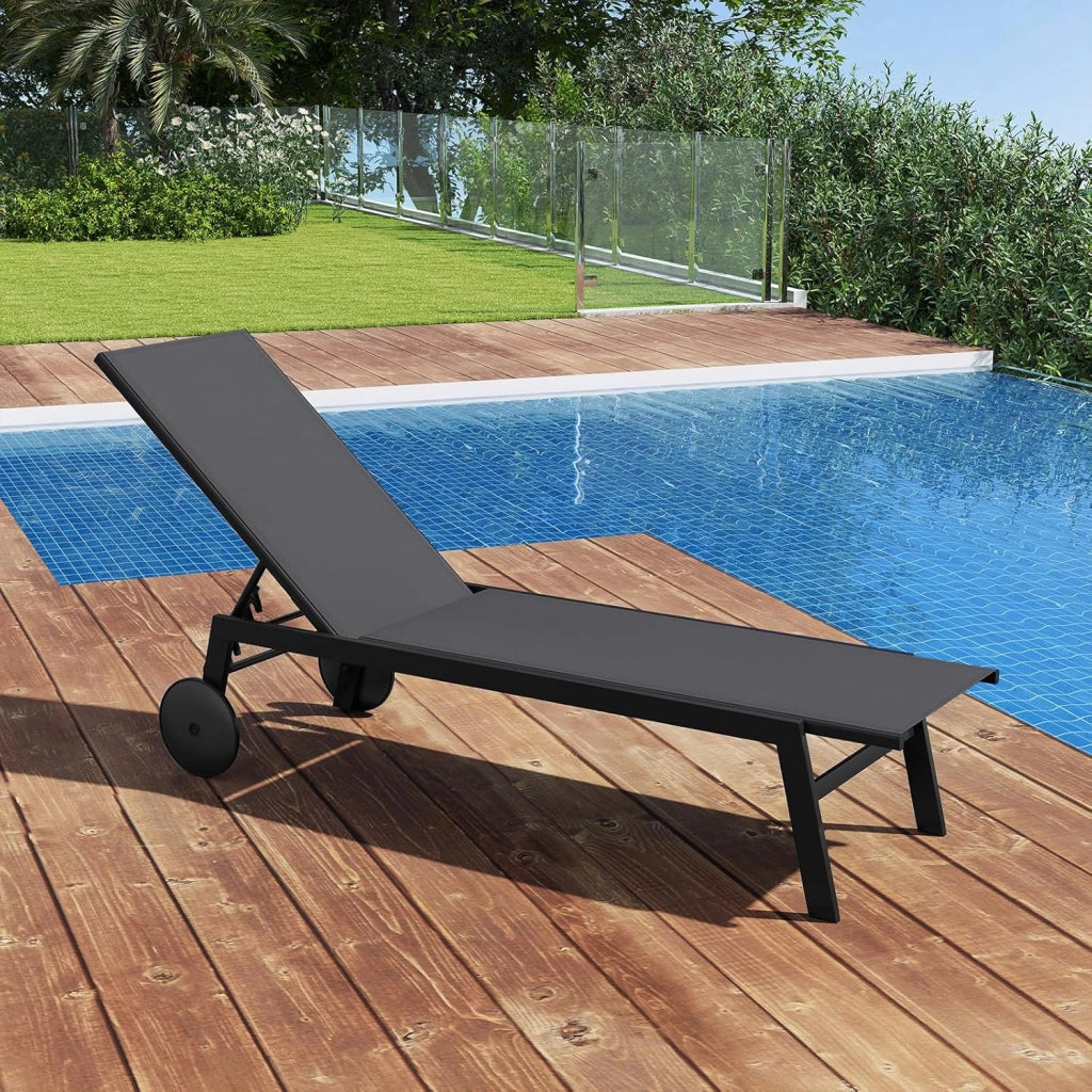 Lettino Prendisole da Giardino, Sdraio da Patio con Schienale Regolabile a 6 Posizioni, Tessuto Traspirante, 2 Ruote, per Piscina, Terrazza e Giardino, Portata 150 kg (Grigio,1)