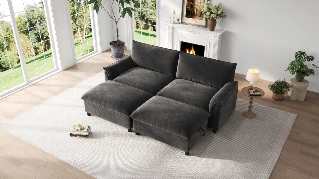 Divano modulare cloud con pouf mobili, schienale alto, seduta profonda, in ciniglia nera per soggiorno 216 × 77 × 82 cm