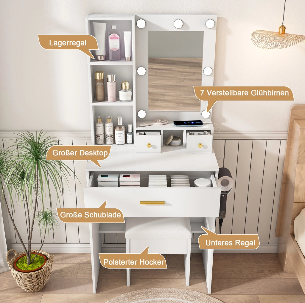 Tavolo da trucco con specchio LED a 3 modalità; presa elettrica; supporto phon e sgabello; bianco 60x131;5x38 cm