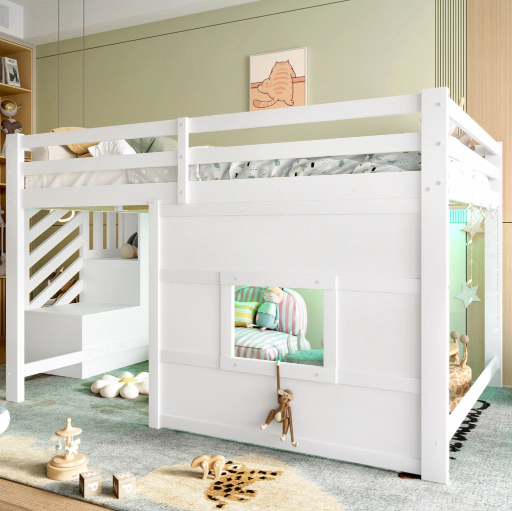 Letto a soppalco 140x200 cm con scala contenitore e LED, bianco