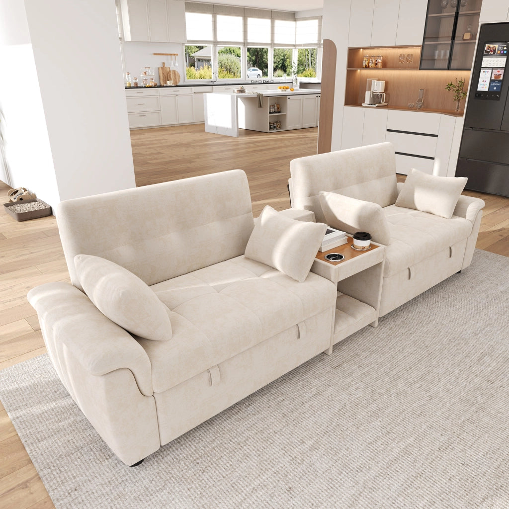 Divano letto multifunzionale beige con modulo centrale e schienale regolabile