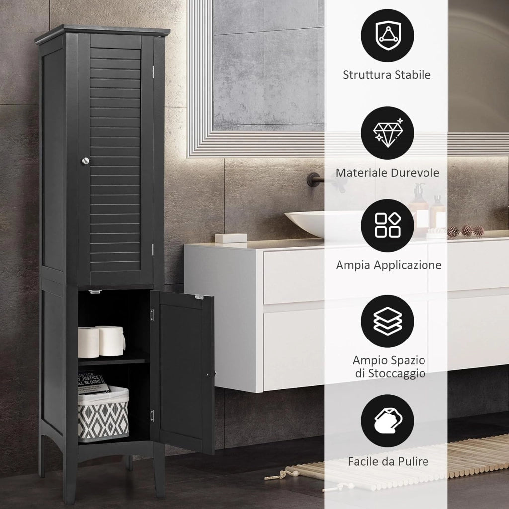 Mobile da Bagno Alto con 2 Ante, Armadio da Terra con 5 Vani, Mobile Colonna per Bagno Cucina Soggiorno, 37 x 37 x 160 cm (Nero)