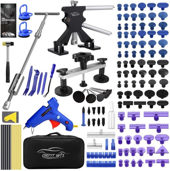 Kit di riparazione per auto, set di strumenti PDR con martello di rimozione di ammaccature, sollevatore di ammaccature, gru di sollevamento, pistola di adesivo e adesivi per auto senza verniciatura