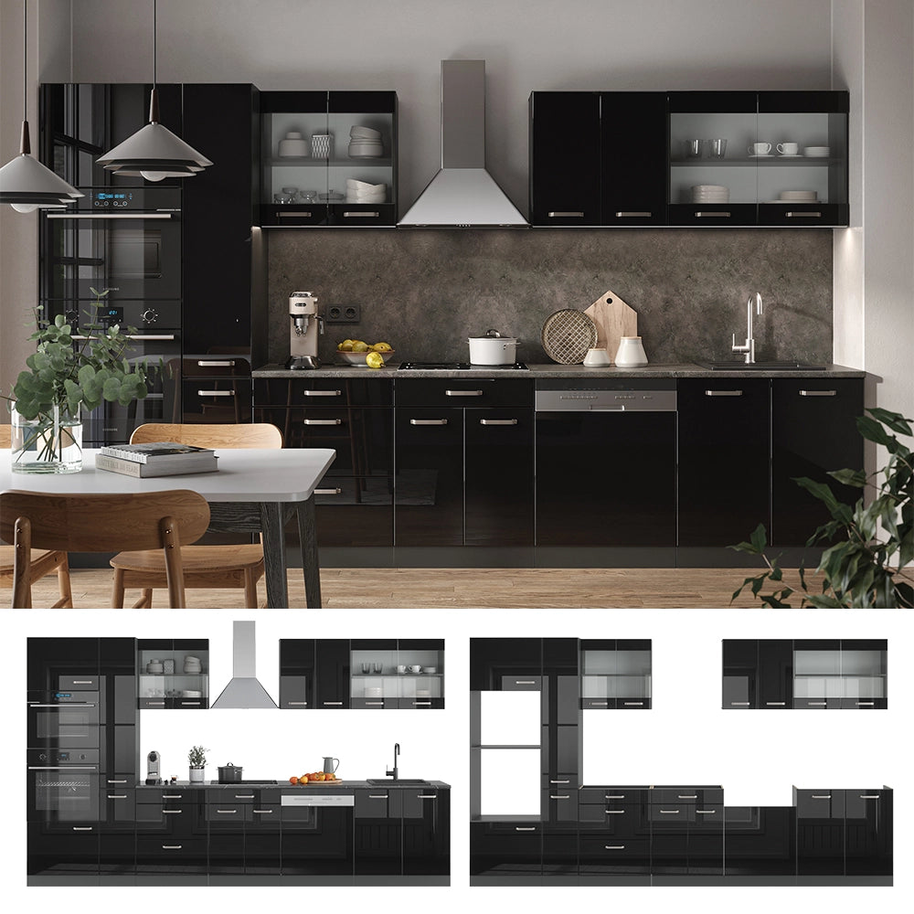 Vicco Mobile da cucina Nero lucido 350 cm con armadio alto, PL Marmo