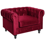 Poltrona Chesterfield Tessuto Velluto Rosso Scuro Rivestimento Gambe Legno Scuro Contemporaneo