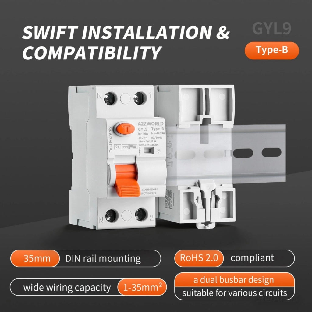 RCCB Interruttore Differenziale Puro Tipo B 1P+N 2M 10000A 300mA 40A AC 230V IP20 IEC61008-1 / IEC62423 GYL9
