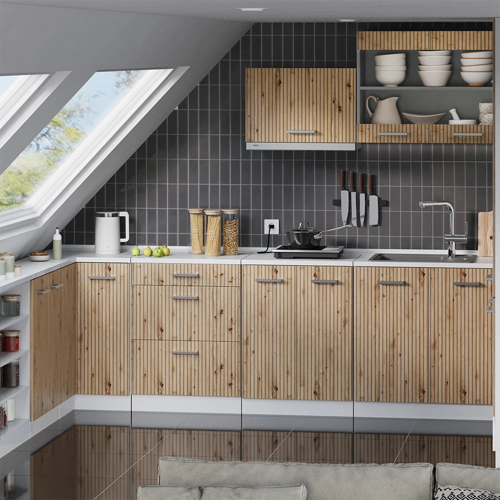 Mobile cucina sottotetto R-Line Rovere artigianale/Bianco 60 cm senza inclinazione con 3 cassetti Vicco
