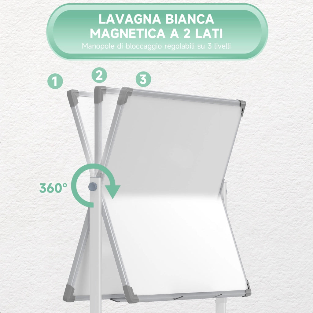 Lavagna Magnetica Bianca a 2 Facce con Accessori e 4 Ruote. in Alluminio e Acciaio. 127x50x165 cm
